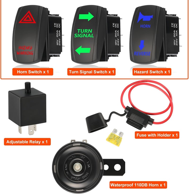 ISINFLASH UTV Turn Signal Kit with Horn, Universal Street Legal Set with Rocker Switch Hazard Lights Flasher Relay Compatible with Polaris RZR Ranger Turbo Can-Am Golf Carts Kawasaki Teryx - Image 5